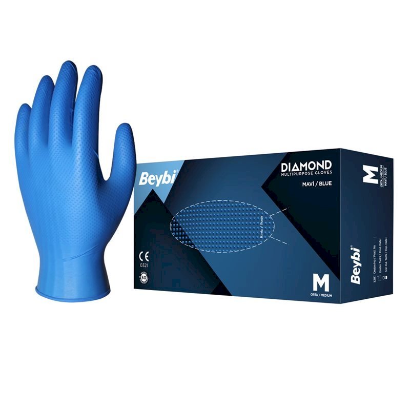 Beybi Diamond Blue nitrile powder-free gloves package contains 50 gloves.