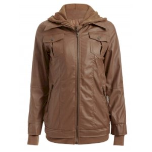 Flap Pockets Hooded Faux Leather Jacket