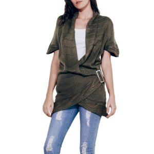 Shawl Collar Buckled Surplice Sweater Dress