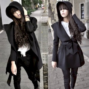 Stylish Long Sleeves Solid Color Belt Hooded Trench Coat For Women