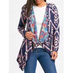 Retro Style Collarless Long Sleeve Loose-Fitting Ethnic Print Women's Cardigan